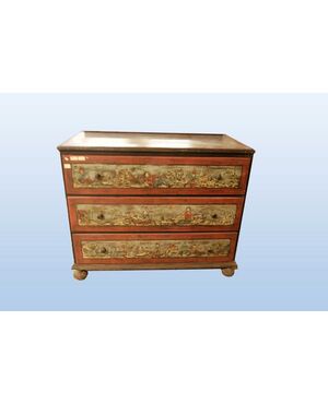 Early 1800s Tyrolean chest of drawers, lacquered and decorated with figures and landscapes