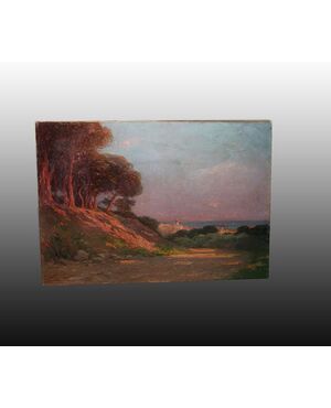 Olio su tela francese paesaggio Una pineta in riva al mare - Joseph Perrachon 1883 - 1969