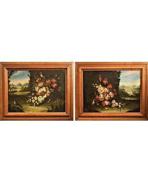 Coppia di Nature morte di Fiori con Paesaggio
