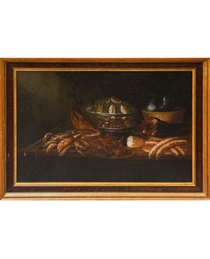 Emilian School, 17th century, Still life with sausages and prawns