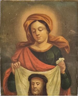 Small Spanish painting on zinc – Saint Veronica with the Veil of Christ