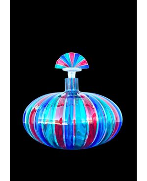 Blown glass bottle, round and flattened shape with vertical multicolored bands. Ve.Art, Murano.