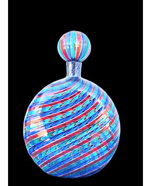 Round blown glass bottle with multicolored spiral bands. Ve.Art.Murano.