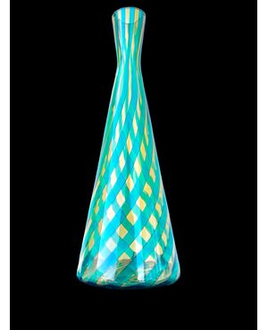 Green glass vase with spiral vertical bands. Signature VeArt (Murano artistic glassworks 1984).