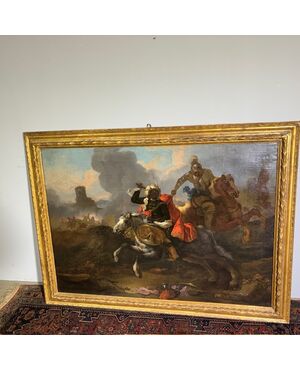 Oil on canvas by Jacques Courtois "Borgognone", Battle of knight and drummer. 17th century period, size 147 x 105 cm