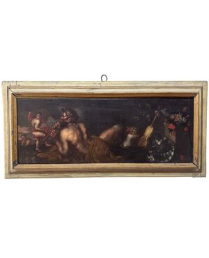 Scena Mitologica con Satiro, Putti e Natura Morta- dipinto su tela XVII secolo
