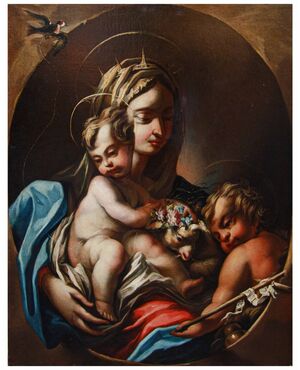 Genoese School, 17th century, Madonna with Child, Saint John and Goldfinch