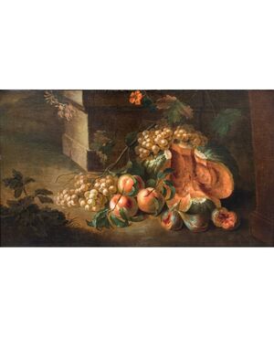 Scuola Romana, XVIII secolo,  Natura morta con Melone e uva