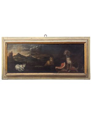 Scena mitologica o allegorica con figura maschile, cane e gatto – Dipinto su tela XVII secolo