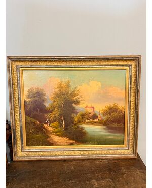 Antique oil painting on canvas, Austrian school, 19th century, 67x78cm, with landscape and castle.
