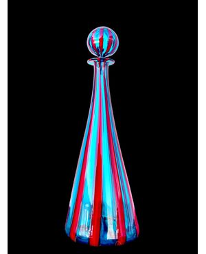 Glass bottle with red and blue vertical stripes. Ve.Art, Murano.