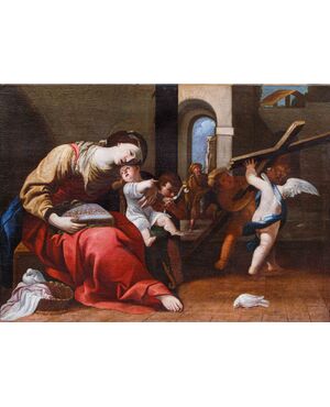 Workshop of Raffaello Vanni (Siena, 1595-1673), Madonna and Child, Young Saint John and two angels announcing the crucifixion