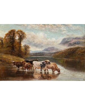 William Vivian Tippett (British, 1833 - 1910) - Paesaggio con mucche al lago.
