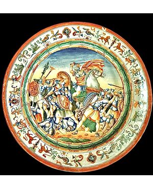 Pair of large majolica plates with historiated scene. Pesaro.