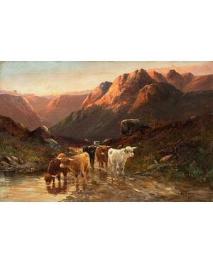 W. Richard (British, fine XIX sec.) - Paesaggio con Mandria di Highlanders al lago.