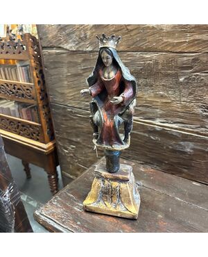 Antique sculpture of the Madonna on the throne. Polychrome painted, 17th century, h 35