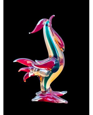 Straw yellow and red submerged glass rooster with green inclusion. A.Ve.M. Murano.