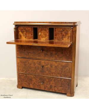 Antique Biedermeier walnut chest of drawers, flap desk - 19th century