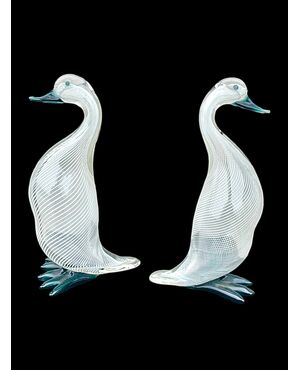 Pair of heavy glass ducks with lattimo filigree inclusions. Murano.