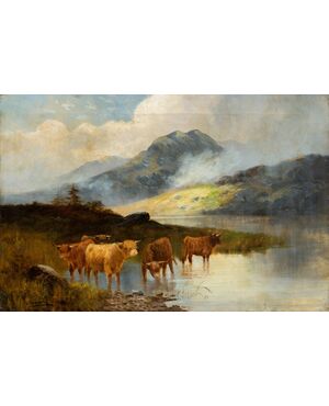 Pittore britannico (fine XIX sec.) - Paesaggio con Mandria di Highlanders al lago.