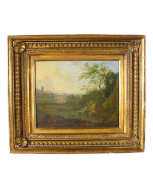 Paesaggio delle campagne romane con architetture e personaggi