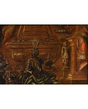Still life with armor, draperies and sculptures, Antonio Tibaldi (Rome, c. 1635 - post 1675) Workshop of
