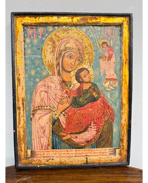 Antica icona russa, XIX dipinta e intagliata, 32x25cm