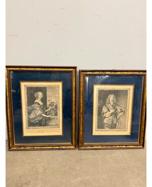 Antique pair of 17th century engravings by Van Dyck. Pierre Lombart. Dorothea and Philip Herbert IV, 38x27cm