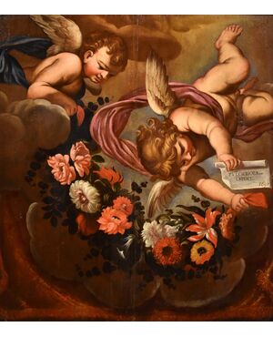 Pair of angels with floral festoon, Carlo Maratta (Camerano, 1625 - Rome, 1713) Workshop of