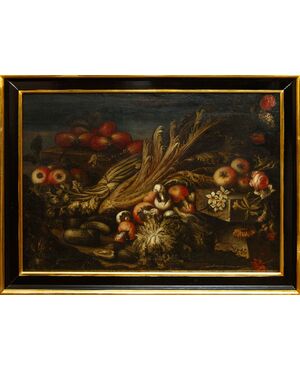 Paolo Paoletti (Padua, around 1671 - Udine, 1735), Still life with vegetables, fruit and mushrooms
