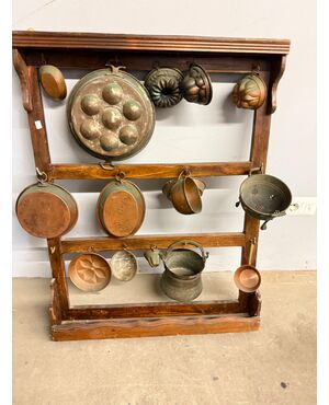 Antique copper pot rack from the early 1900s with antique branches, 93x70cm