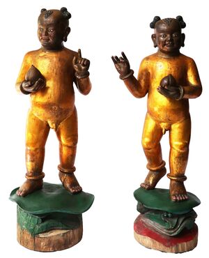 Pair of carved and lacquered wooden sculptures, China, Qing Dynasty, Guangxu period (1871-1908)