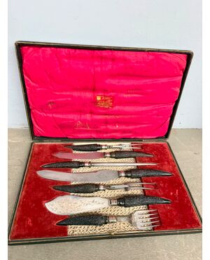 Sheffield silver roast knife set 1890 Harrison Fisher & c. horn handle, 5x30x45cm