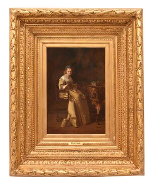 OLD PAINTINGS OF WOMAN SEWING, FEMALE PORTRAITS, OIL ON PANEL, 19TH CENTURY. (QR685)