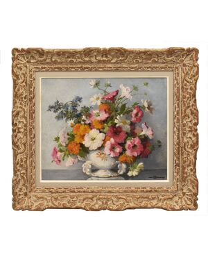QUADRI ANTICHI, ART DECO, NATURA MORTA CON FIORI DI MARGHERITE E PETUNIE, TELA, XX SECOLO. (QF686)