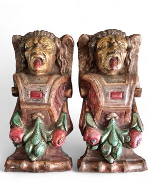 Pair of lacquered wooden pilaster sculptures