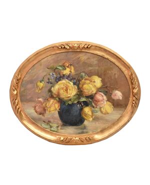 DIPINTI ANTICHI OVALI CON FIORI DI ROSE GIALLE, NATURE MORTE, OLIO SU TELA, PRIMI DEL NOVECENTO. (QF683)