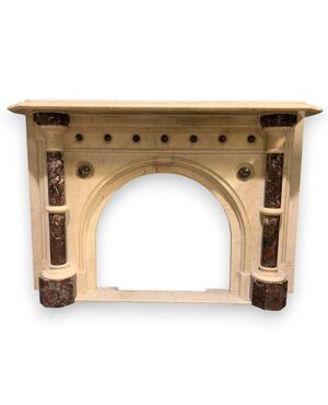CHM714 - Carrara marble fireplace with Levanto Red marble inlays, 19th century, dimensions cm W 182 x H 130 x D 40