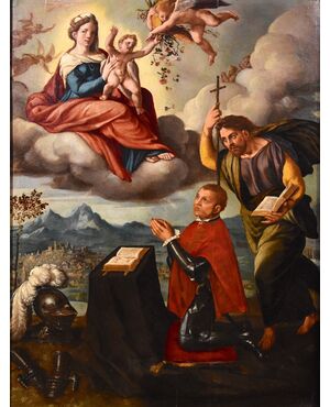 Madonna with Child, Saint James and the donor, Ippolito Scarsella, known as Lo Scarsellino (Ferrara 1550 - 1620) workshop