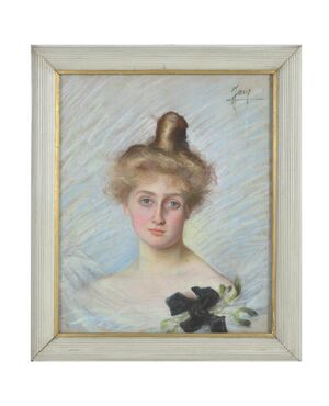 19th-century pastel portrait of a girl with a chignon - O/6049