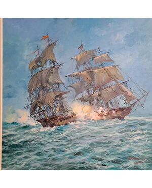 Norberto Martini, Battaglia in alto mare, olio su tela