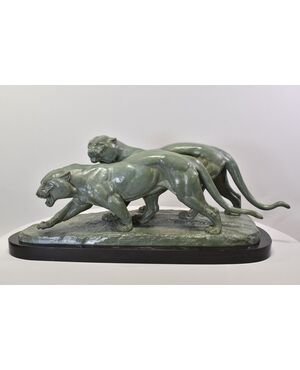 ANTICHE SCULTURE IN BRONZO, DUE PANTERE, IRENEE ROCHARD, ART DECO, XX SECOLO. (STB102)