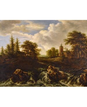 Paesaggio boscoso con cascata, Jacob van Ruisdael (Haarlem 1628 - Amsterdam 1682) attribuibile