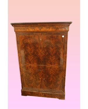 Secretaire francese Impero del 1800 in piuma di mogano con piano in marmo