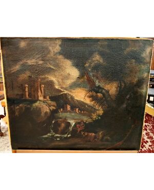 Olio su tela italiano del 1600 con torre e lago
