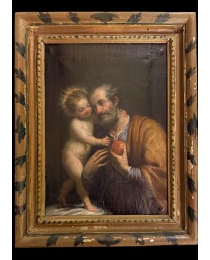 Dipinto olio su tela raffigurante  San Giuseppe e Gesu’Bambino.Italia.