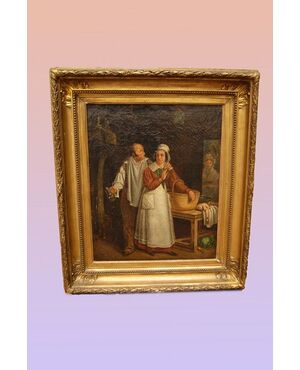 Antico quadro del 1800 francese Scena di interni olio su tela