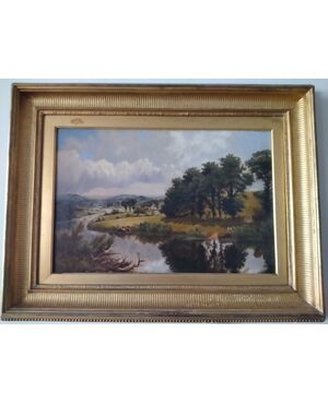 Olio su tela inglese del 1800 raffigurante paesaggio fluviale