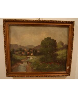 Antico quadro del 1800 olio su tela paesaggio campestre con corso d'acqua