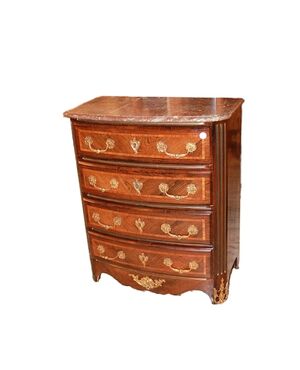 Piccolo cassettone comoncino francese Stile Reggenza con 4 cassetti piano in marmo e bronzi dorati